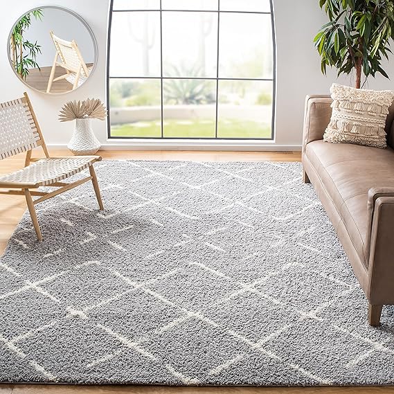 Arizona Shag Collection Area Rug - 8' Round, Ivory & Beige, Moroccan Diamond Design