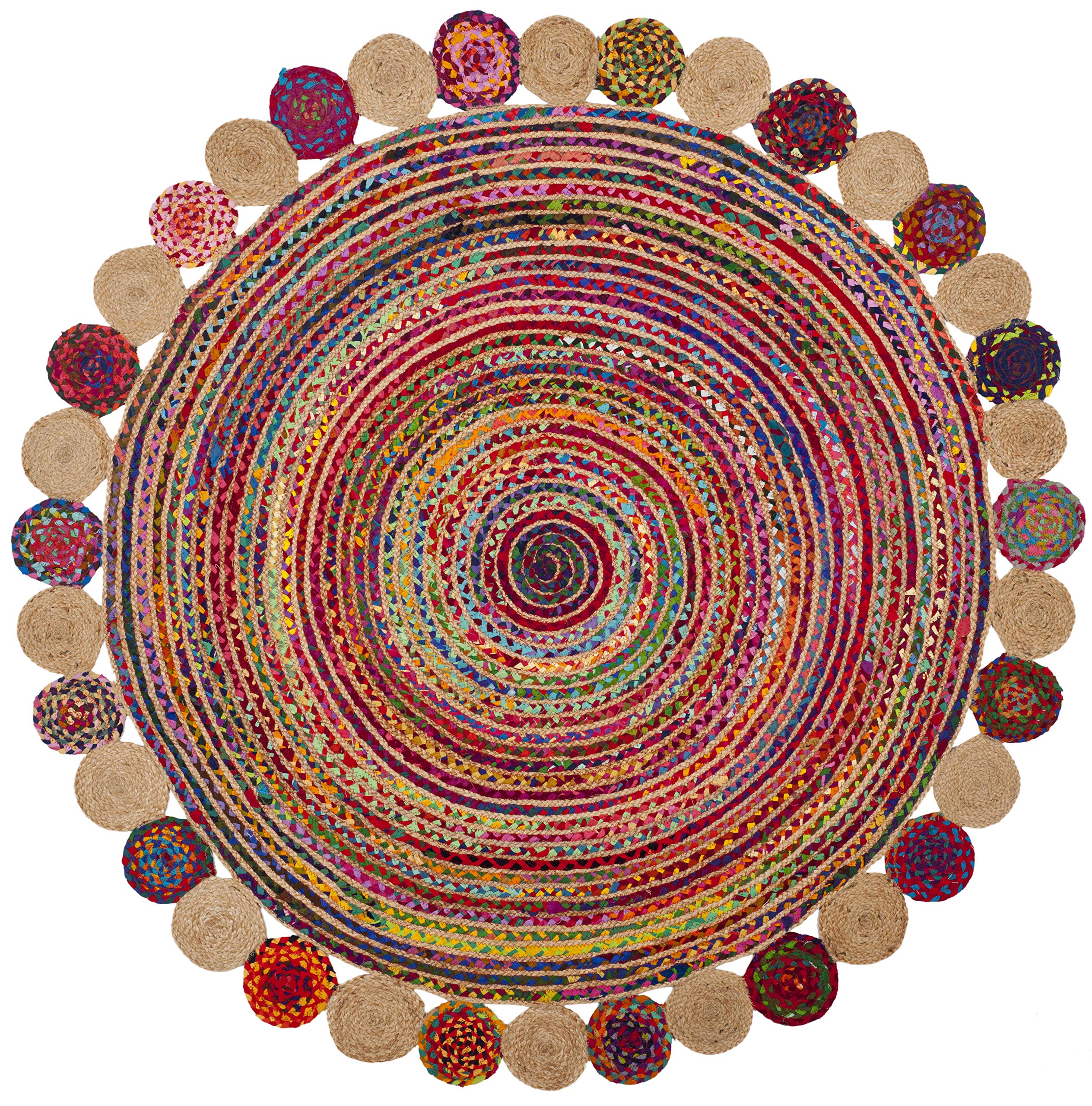 Cape Cod Collection 4' Round Red / Multi CAP201A Handmade Boho Braided Jute & Cotton
