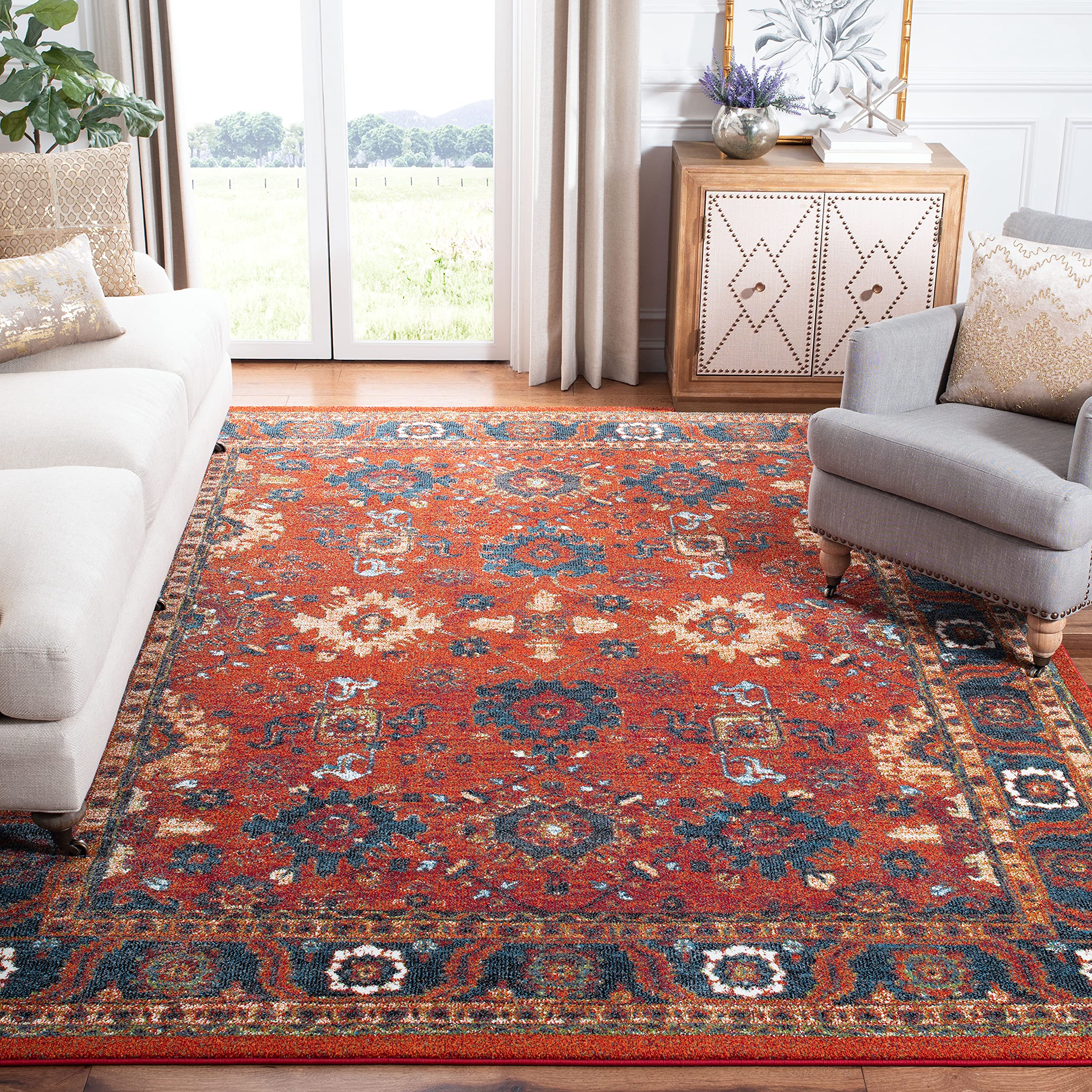 Vintage Hamadan Collection Area Rug - 9' x 12', Orange & Blue