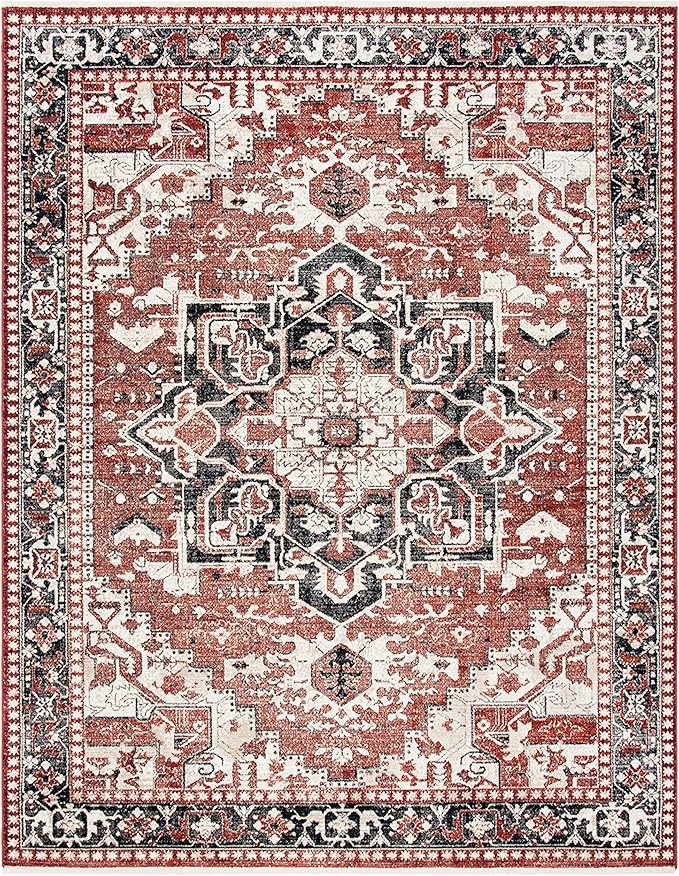 Herat Collection Area Rug - 5'3" x 7'7", Rust & Black, Oriental Medallion Distressed Design
