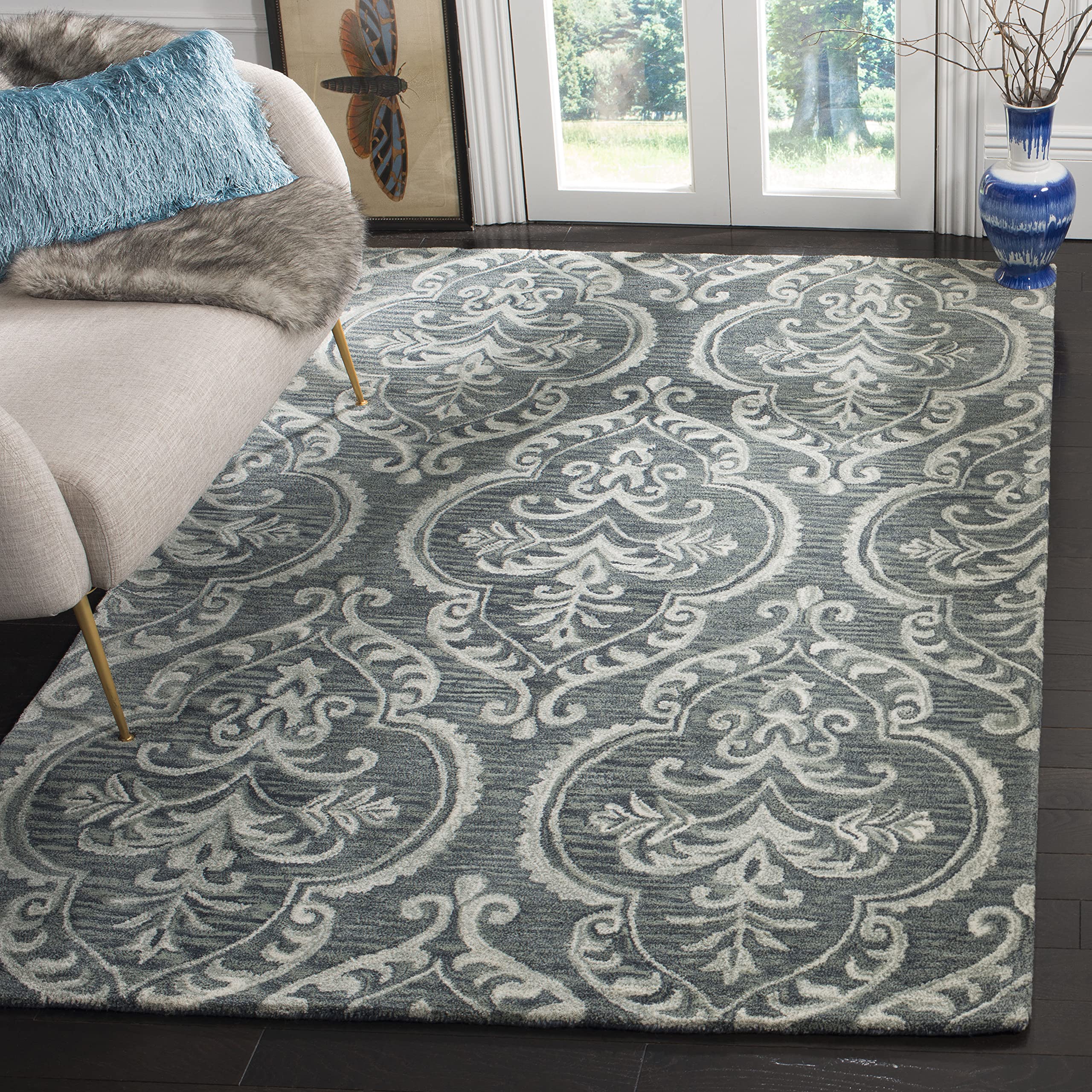 Blossom Collection 8' x 10' Blue / Sage BLM603M Handmade Premium Wool Area Rug