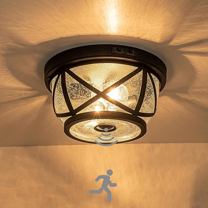 Motion Sensor Flush Mount Ceiling Light Fixture, 2-Light Outdoor Porch Lights Ceiling