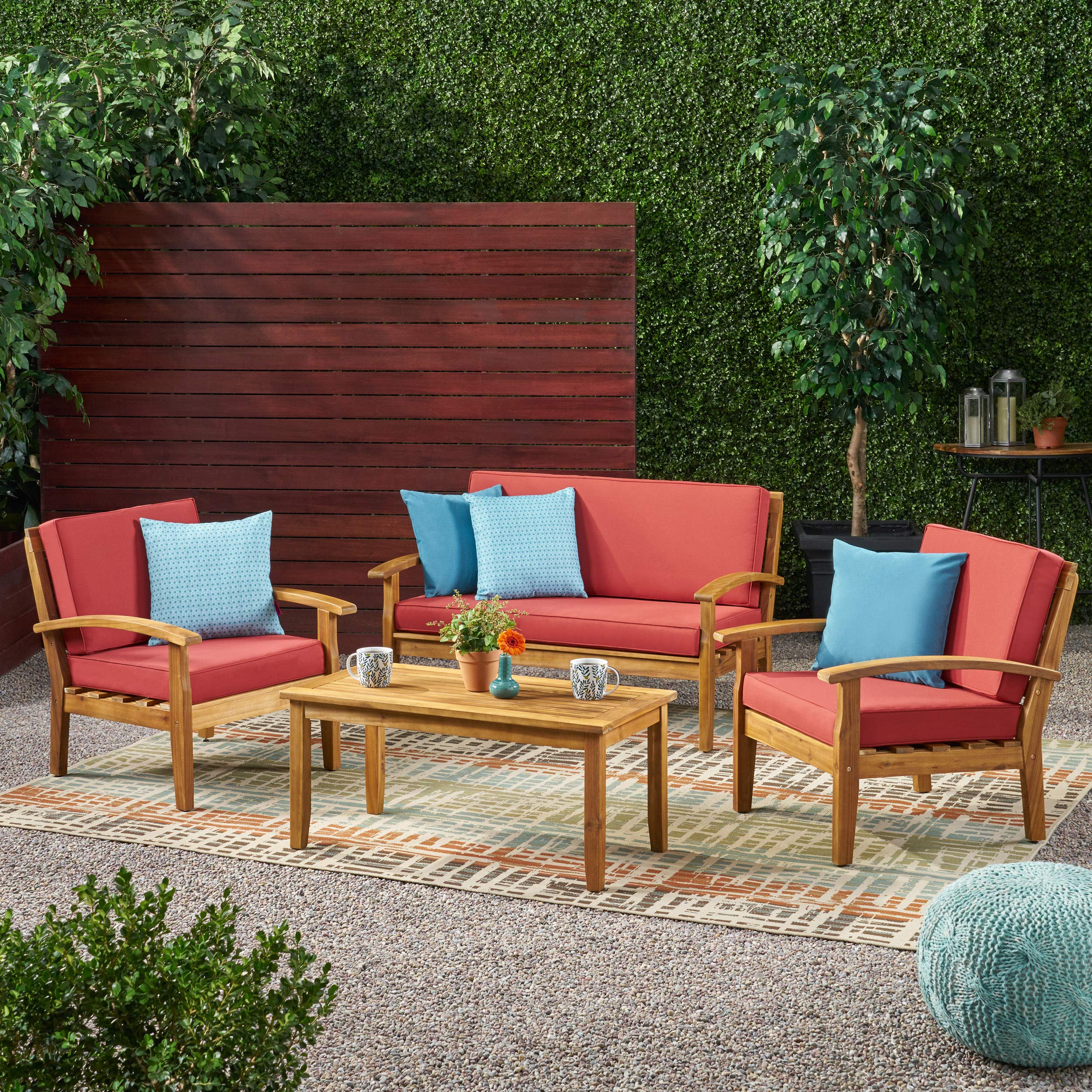 Home Peyton Outdoor Wooden Chat Set with Cushions, 4-Pcs Set, Teak Finish / Red