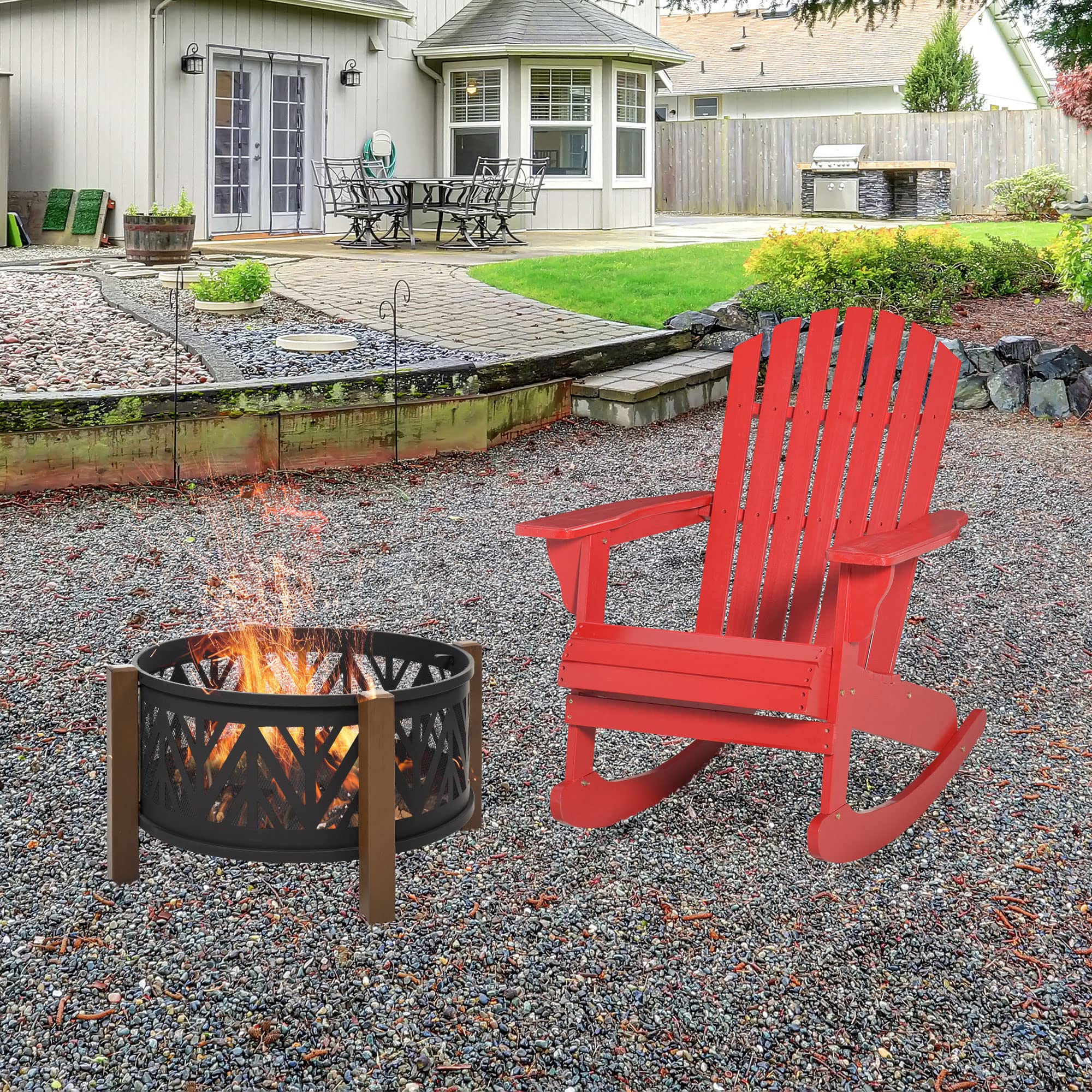 Wooden Adirondack Rocking Chair Outdoor Lounge Chair Fire Pit Seating