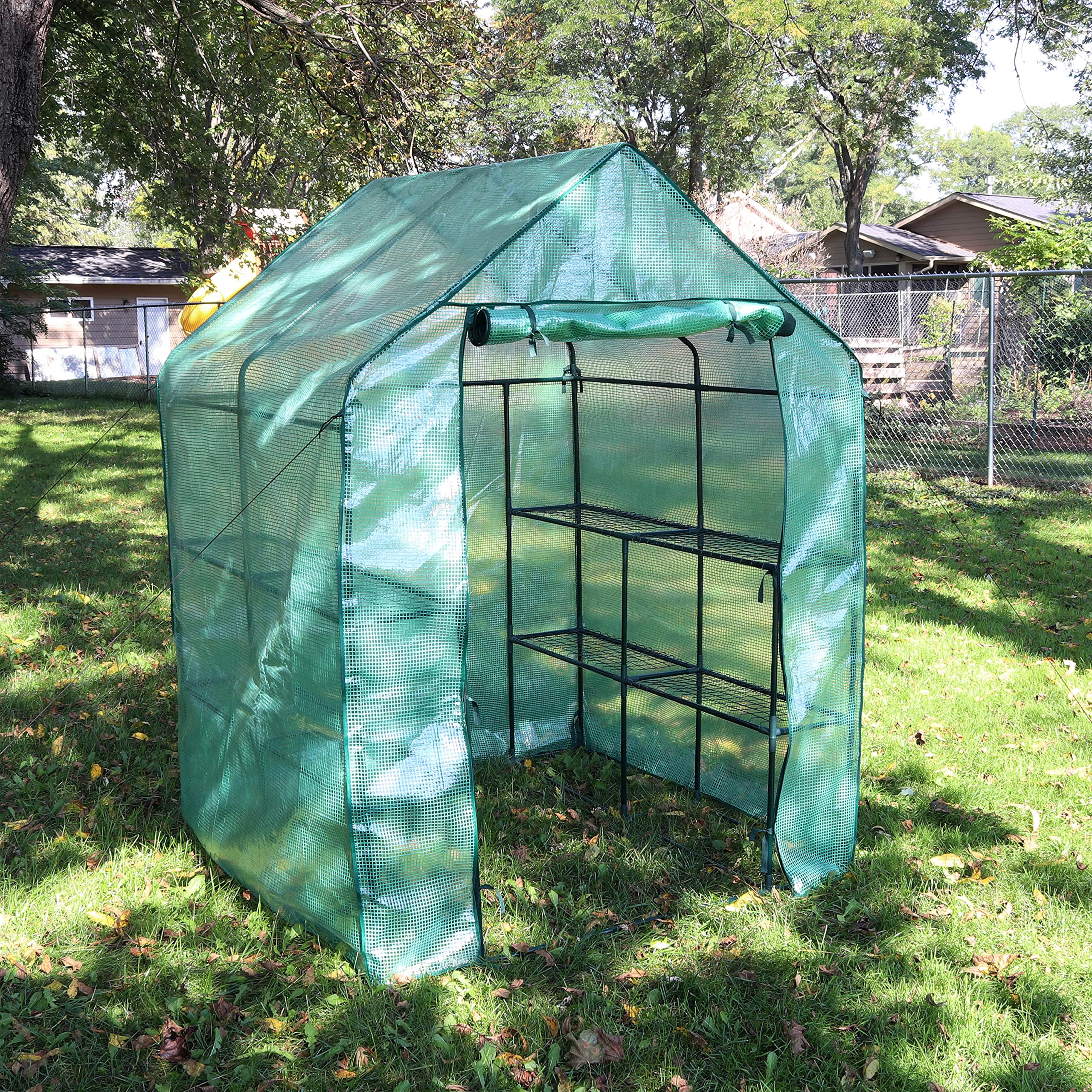 Portable Outdoor Grandeur Walk-in Greenhouse with 4 Steel Wire Shelves and Roll-Up Door