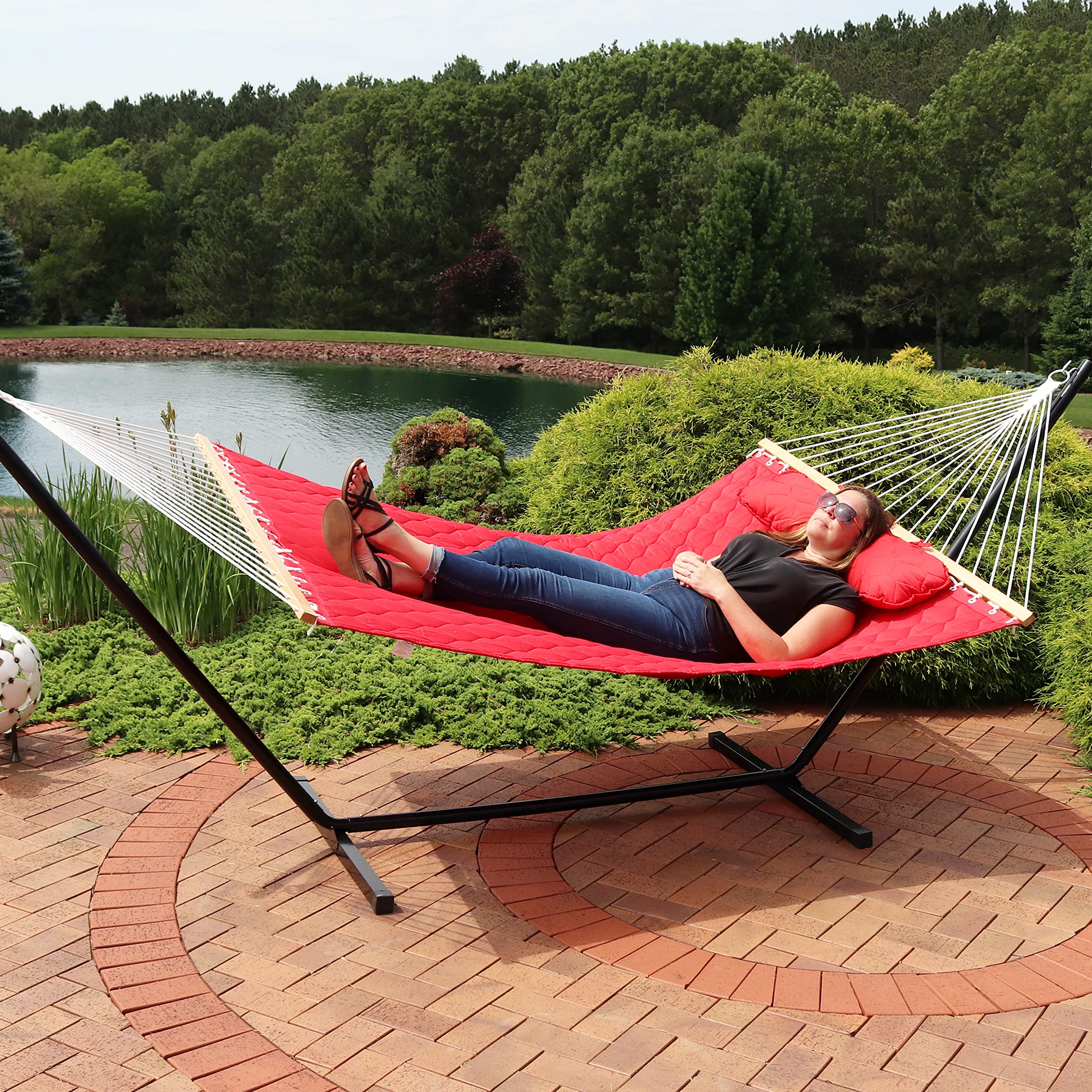 Quilted Fabric Double Hammock with 12-Foot Stand - 400-Pound Capacity
