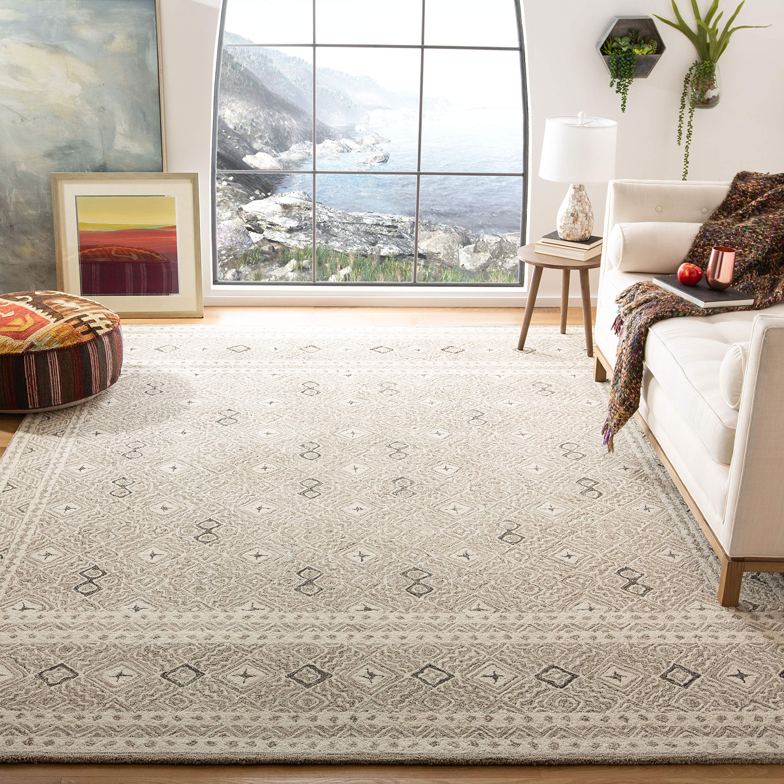 Area Rug 8x10 - Micro-Loop Collection - Large - Grey & Ivory, Handmade Wool