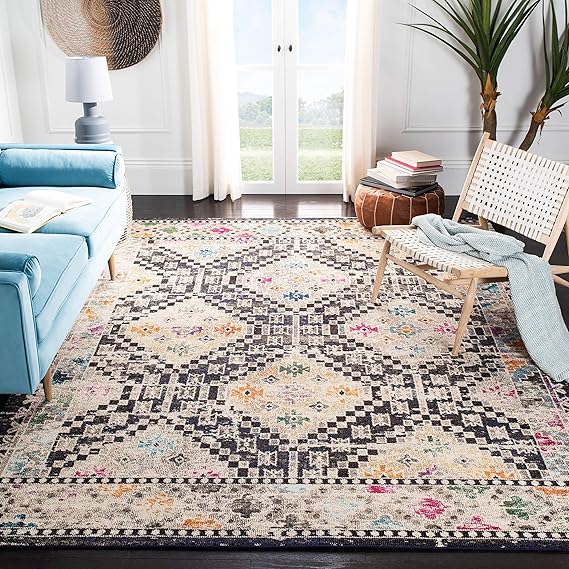 Madison Collection Area Rug - 9' x 12', Grey & Yellow, Boho Diamond Distressed Design