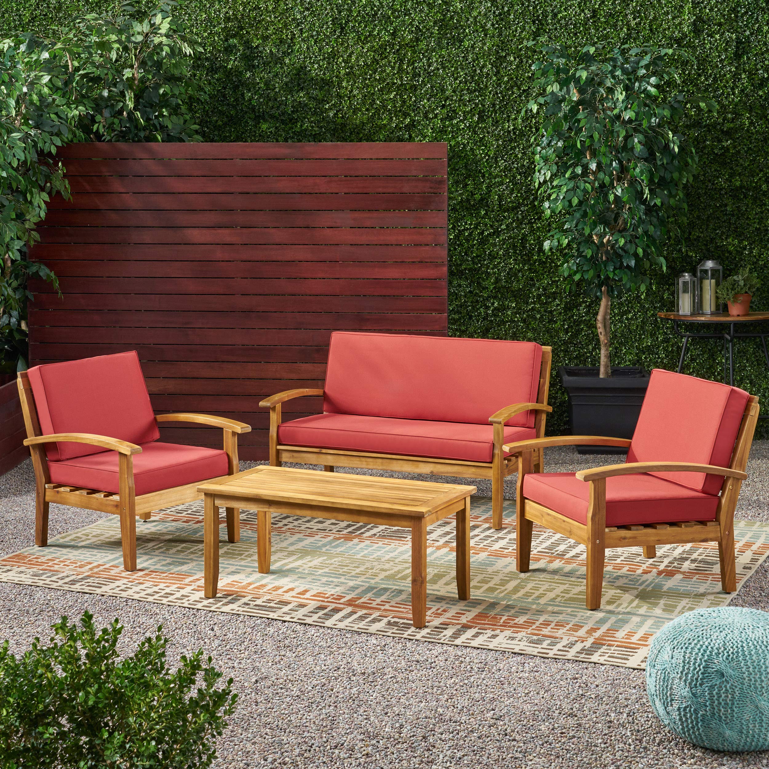 Home Peyton Outdoor Wooden Chat Set with Cushions, 4-Pcs Set, Teak Finish / Red
