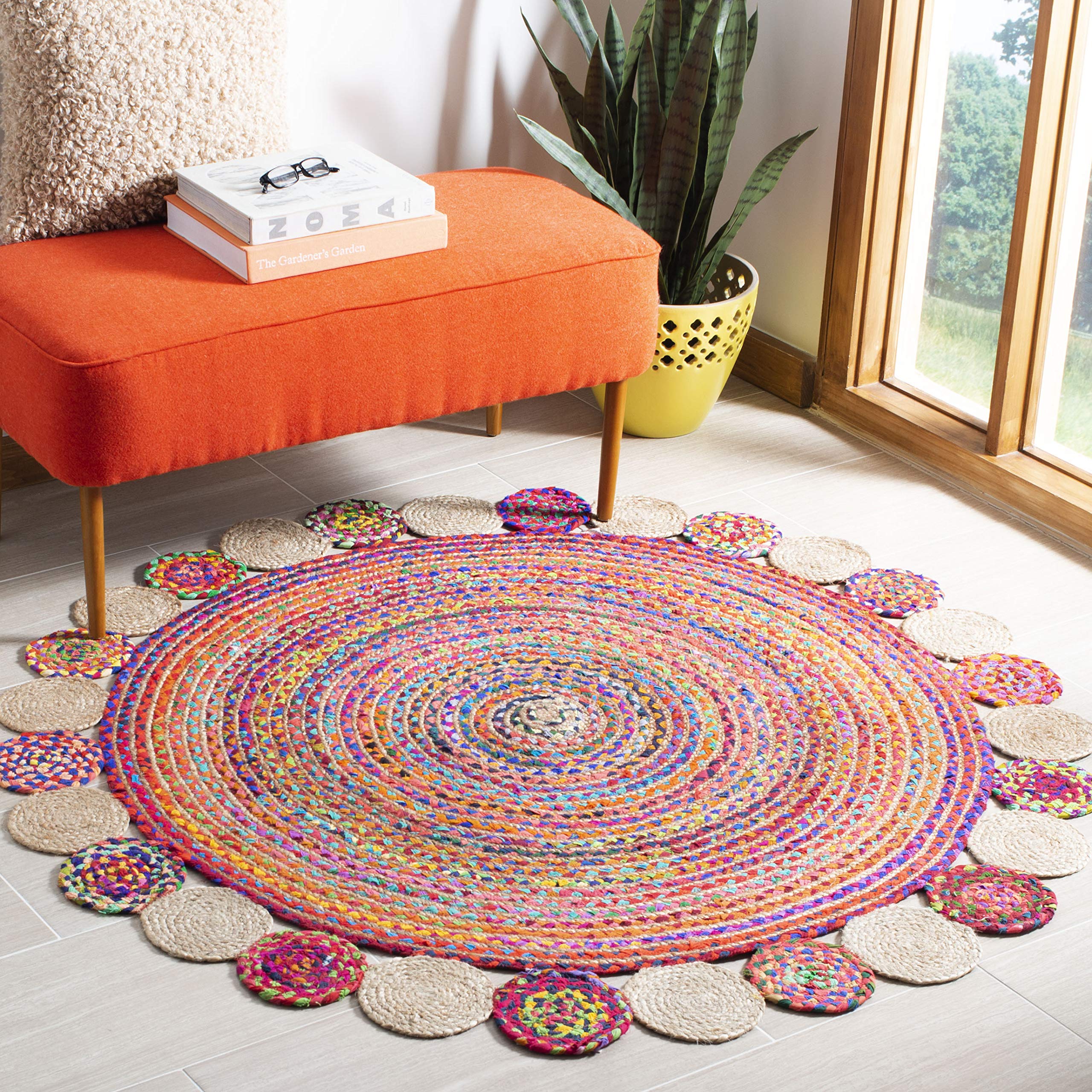 Cape Cod Collection 4' Round Red / Multi CAP201A Handmade Boho Braided Jute & Cotton