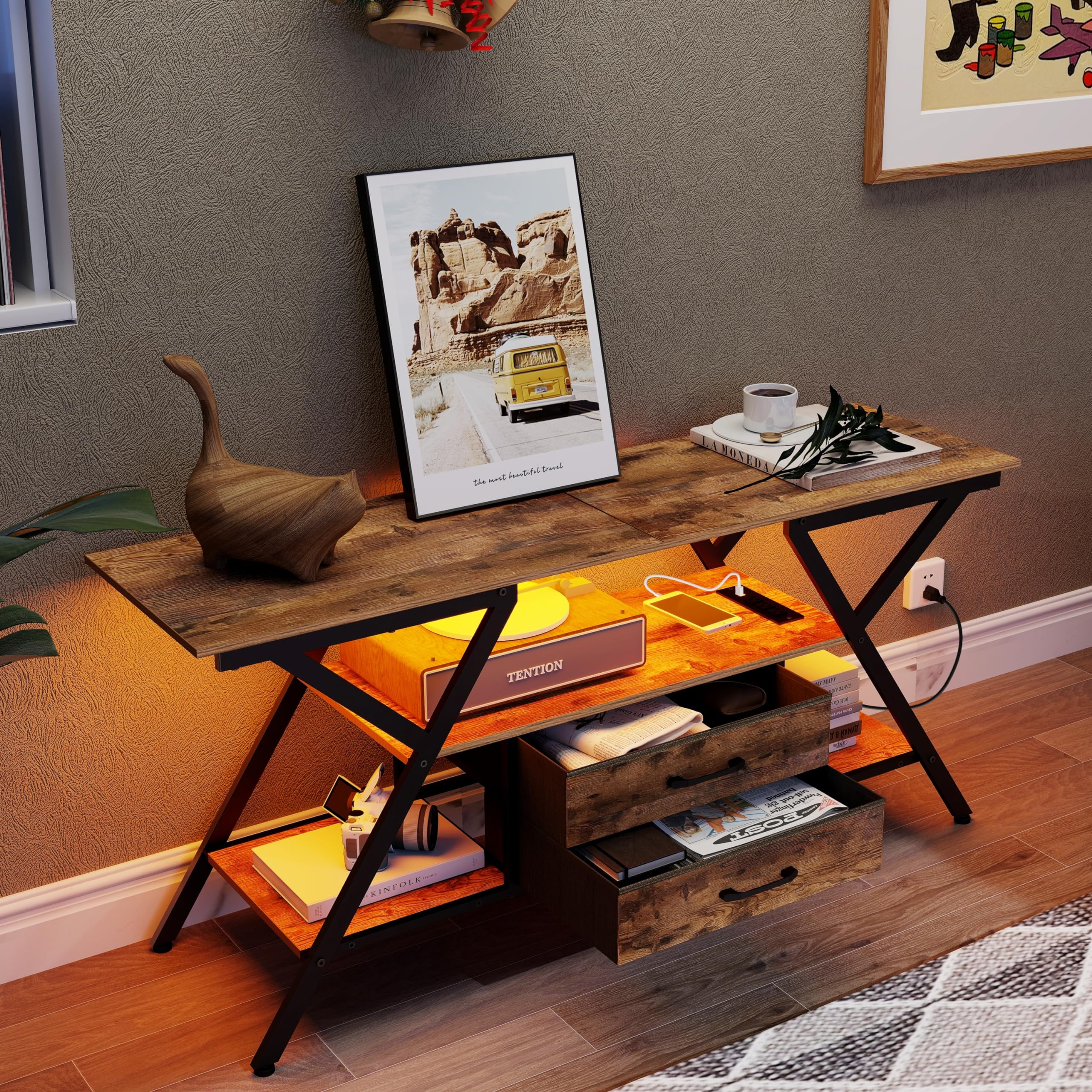 Outlet and LED Lights, Fits TVs up to 65”, 2 Fabric Drawers Entertainment Center