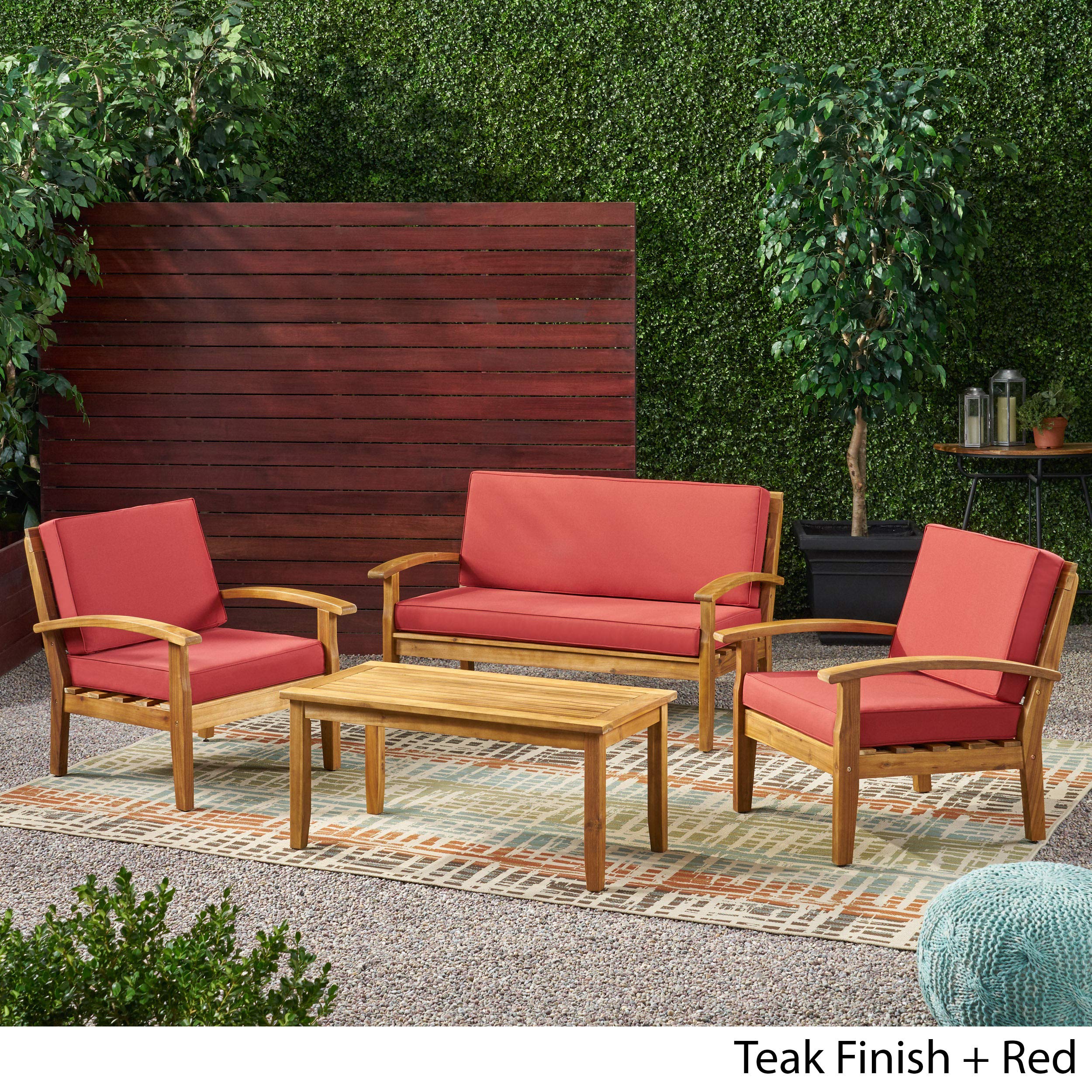 Home Peyton Outdoor Wooden Chat Set with Cushions, 4-Pcs Set, Teak Finish / Red