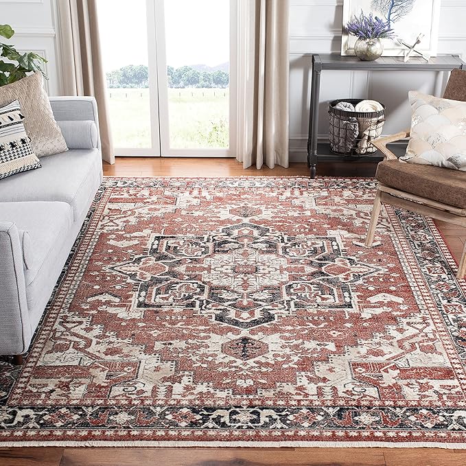 Herat Collection Area Rug - 5'3" x 7'7", Rust & Black, Oriental Medallion Distressed Design