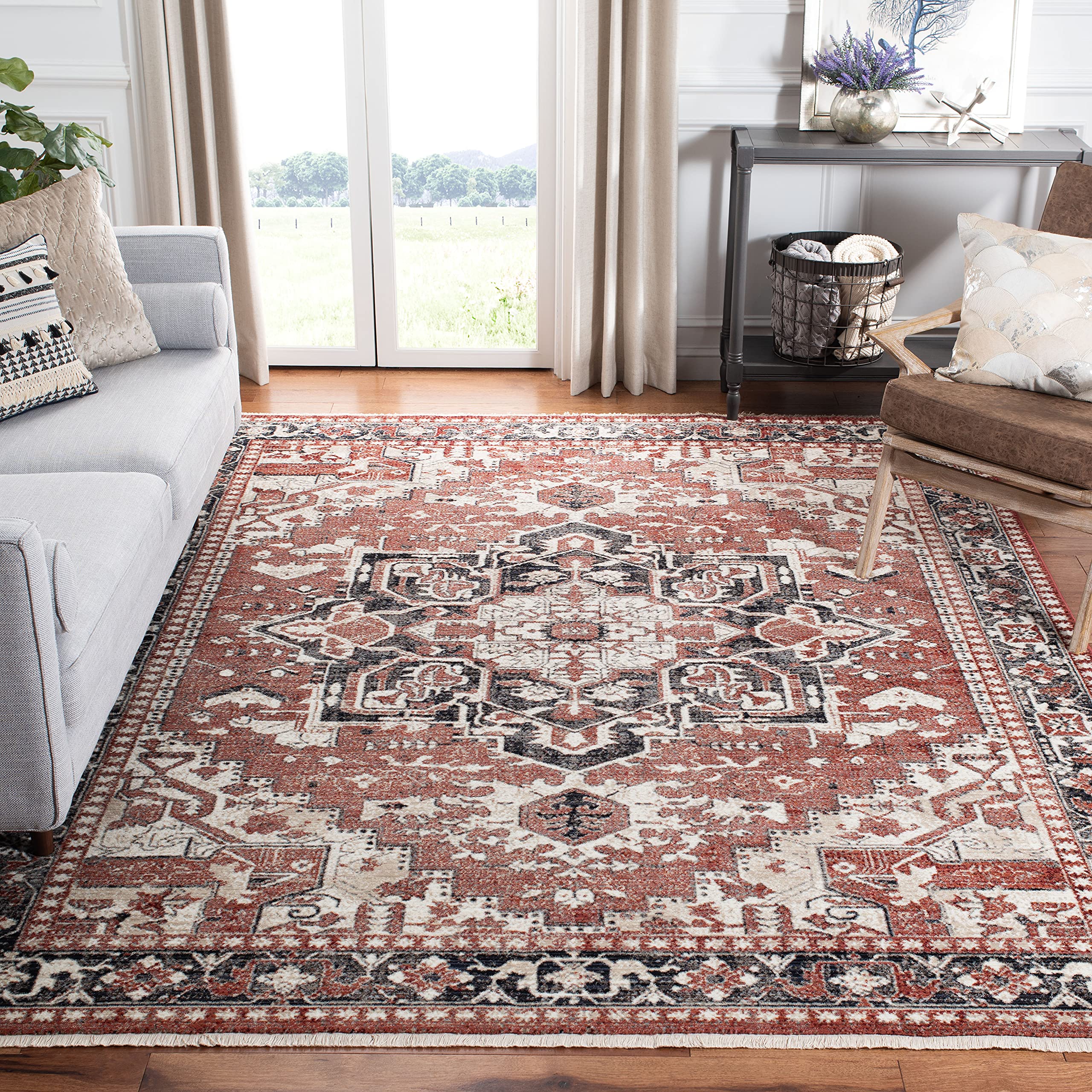 Herat Collection Area Rug - 5'3" x 7'7", Rust & Black, Oriental Medallion Distressed Design