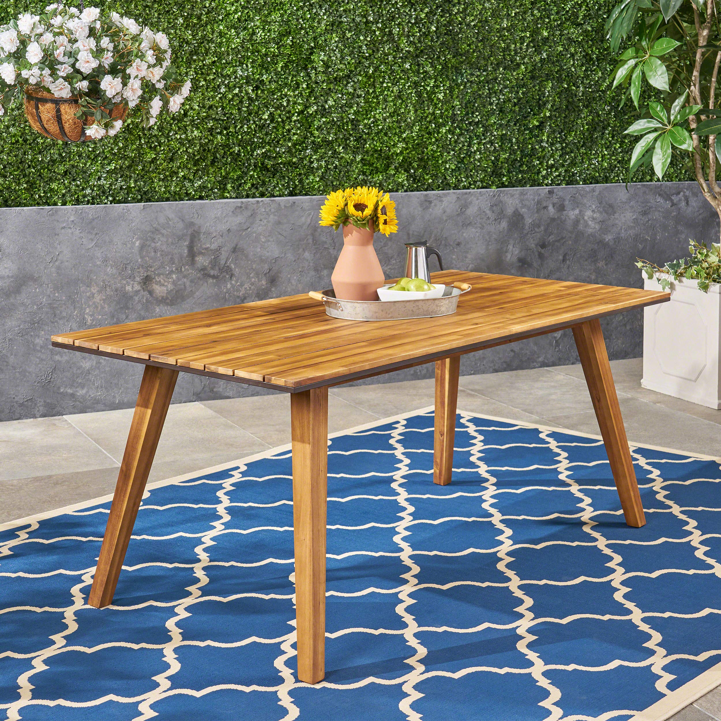 Paul Outdoor 71" Acacia Wood Dining Table, Teak Finish, Rustic Metal