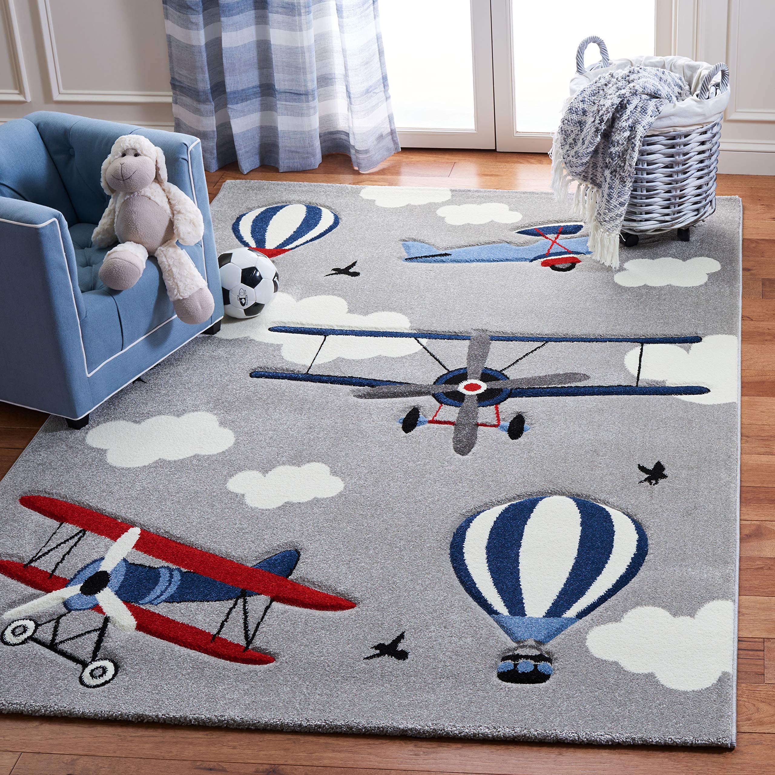 Carousel Kids Collection Area Rug - 5'3" x 7'6", Light Grey & Red