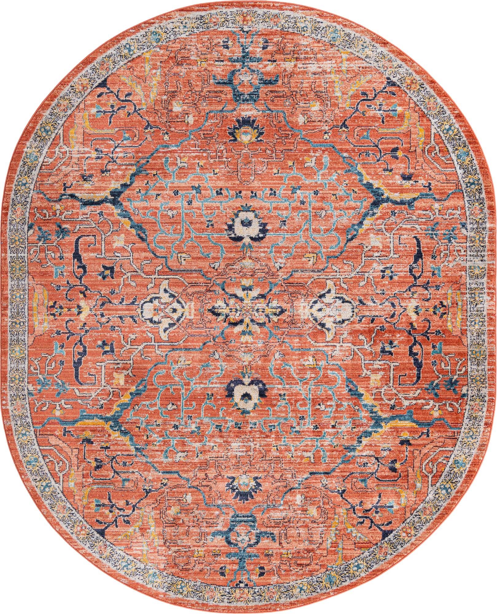 Lola Collection Area Rug - Vivacious (7' 10" x 10' 2" Oval, Brick Red/Blue)