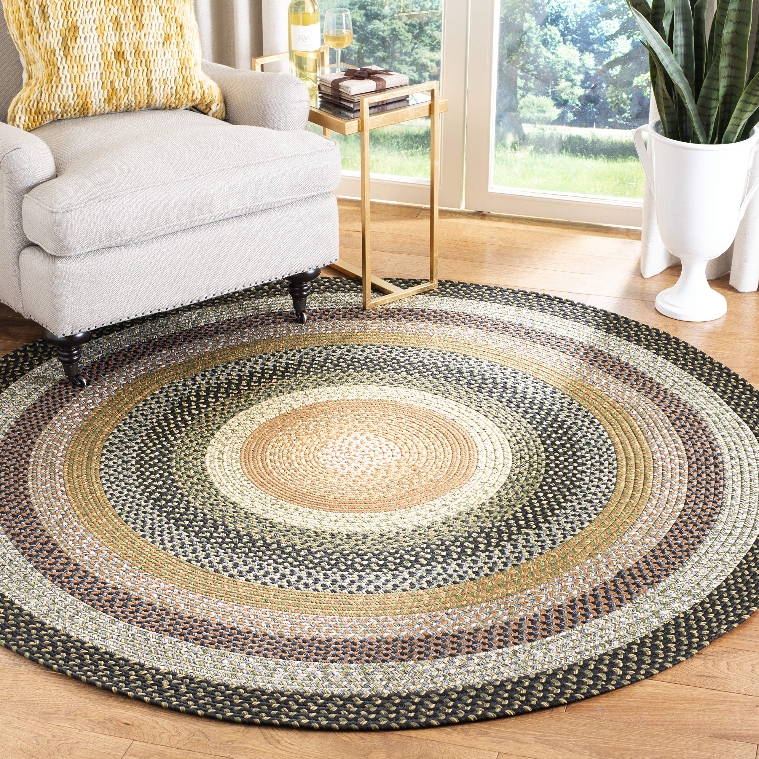 SAFAVIEH Braided Collection Area Rug - 6' Round, Multi Color, Handmade, Country Cottage Design, Reversible, Ideal for High Traffic Areas in Entryway, Living Room, Bedroom (BRD308A)
