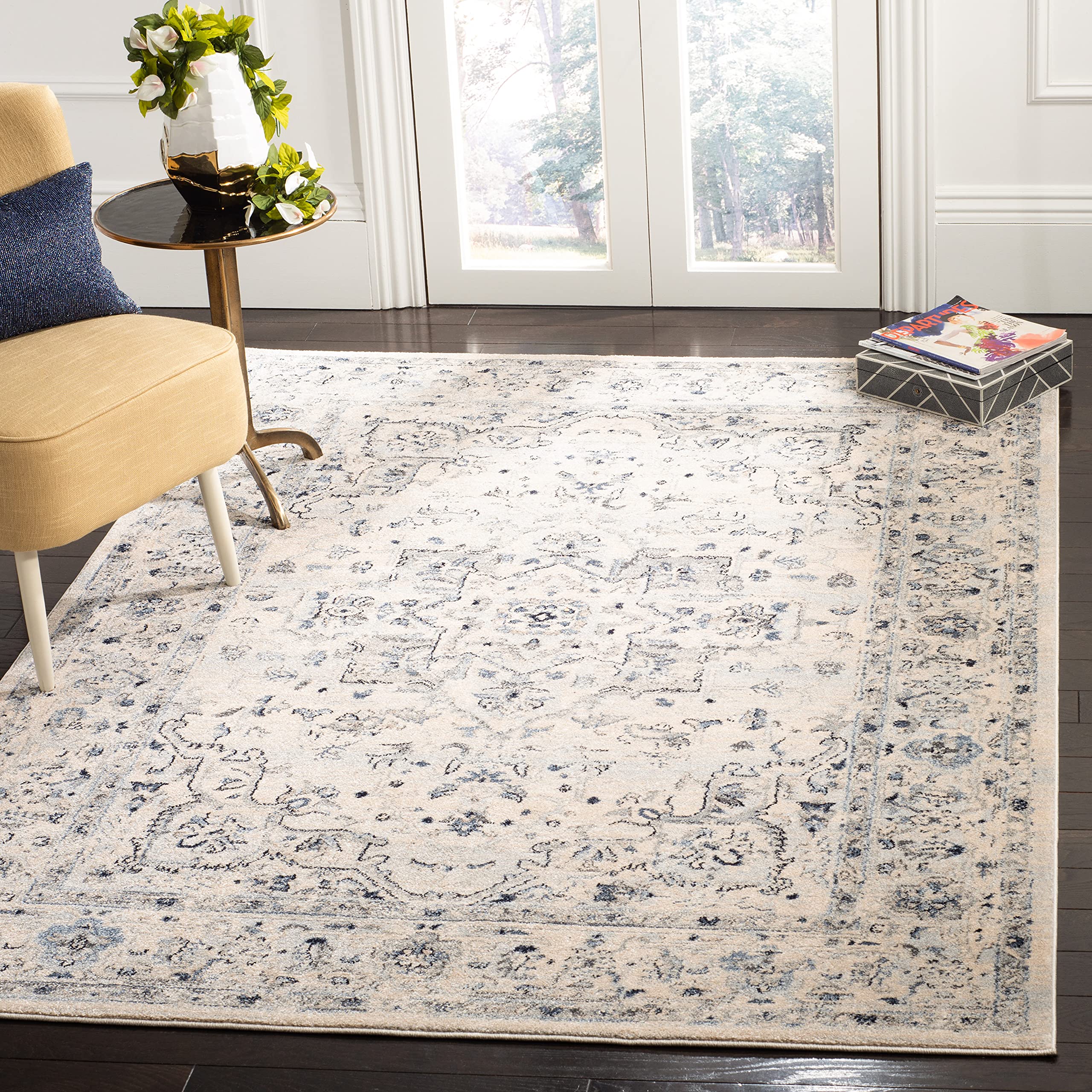Charleston Collection Area Rug - 6' x 9', Ivory & Light Blue