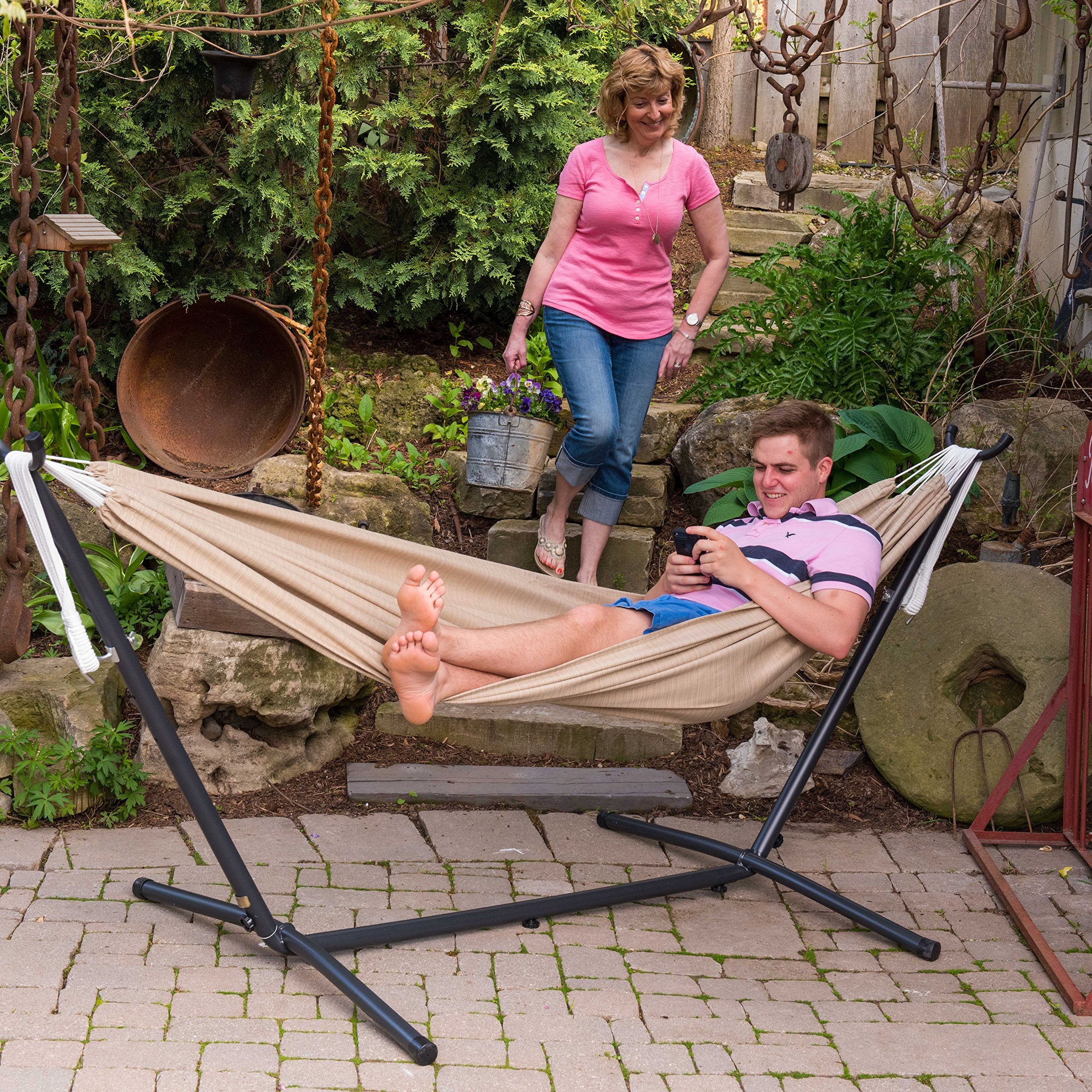 Hammock with Space Saving Steel Stand, Sand