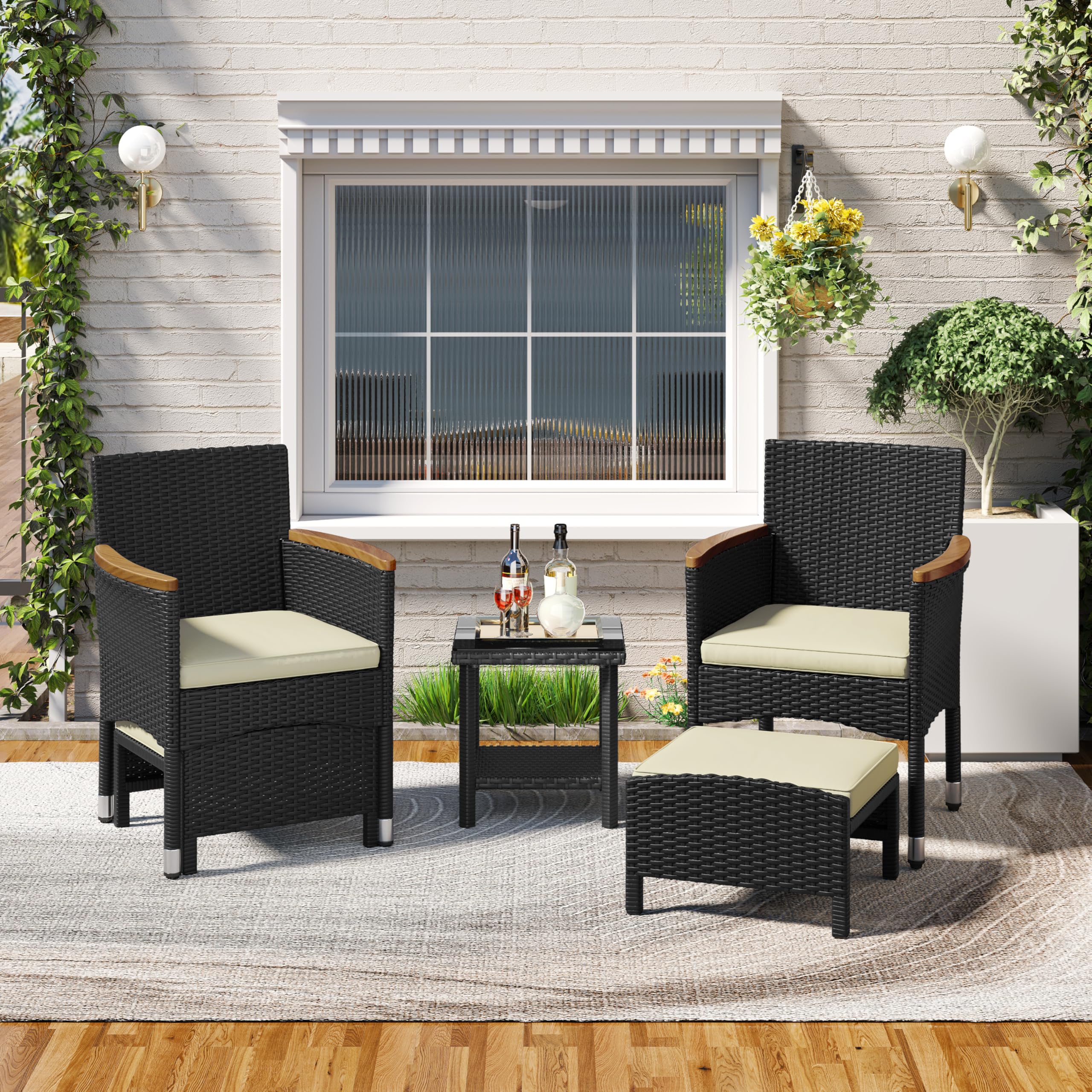 5 Piece Patio Conversation Set, Outdoor Wicker Bistro Furniture, PE Wicker