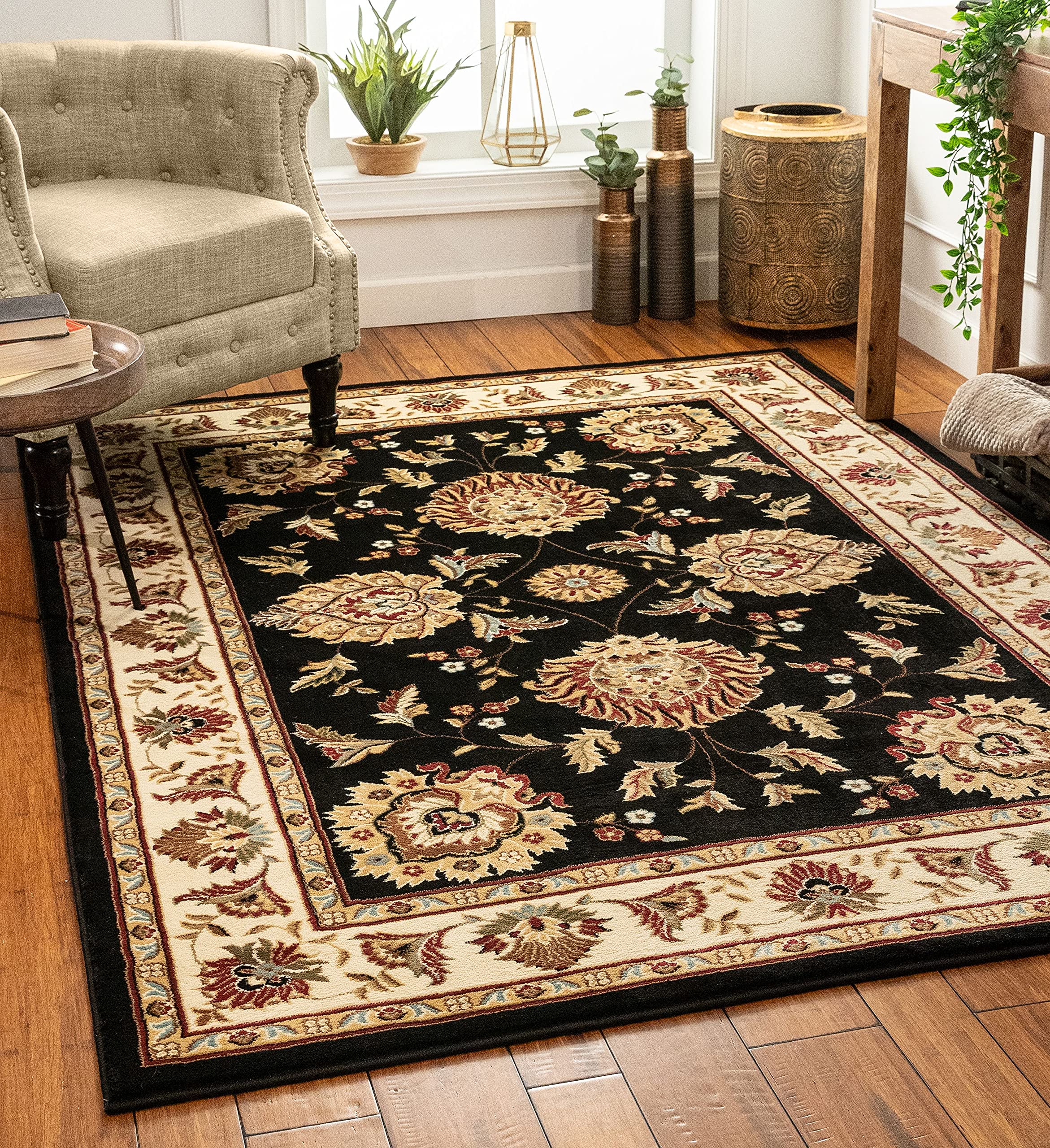 Sultan Sarouk Black Floral Oriental Formal Traditional 5x7 (5'3" x 7'3")