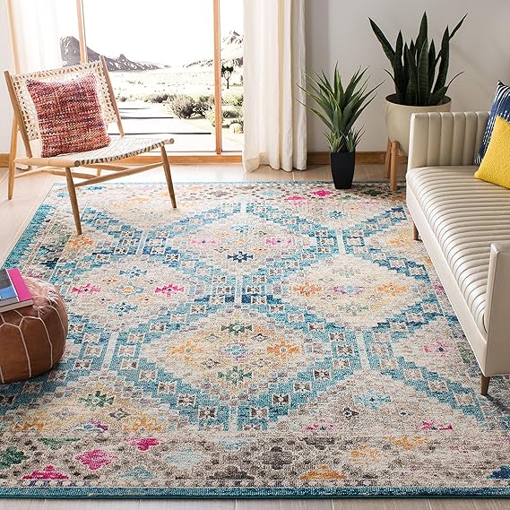 Madison Collection Area Rug - 9' x 12', Grey & Yellow, Boho Diamond Distressed Design