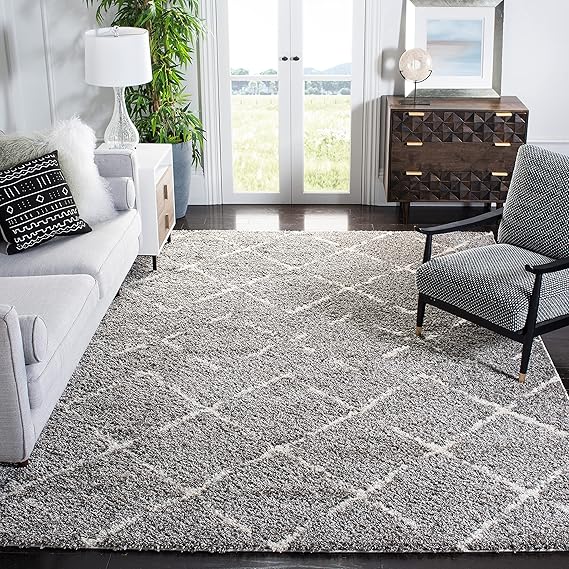 Arizona Shag Collection Area Rug - 8' Round, Ivory & Beige, Moroccan Diamond Design