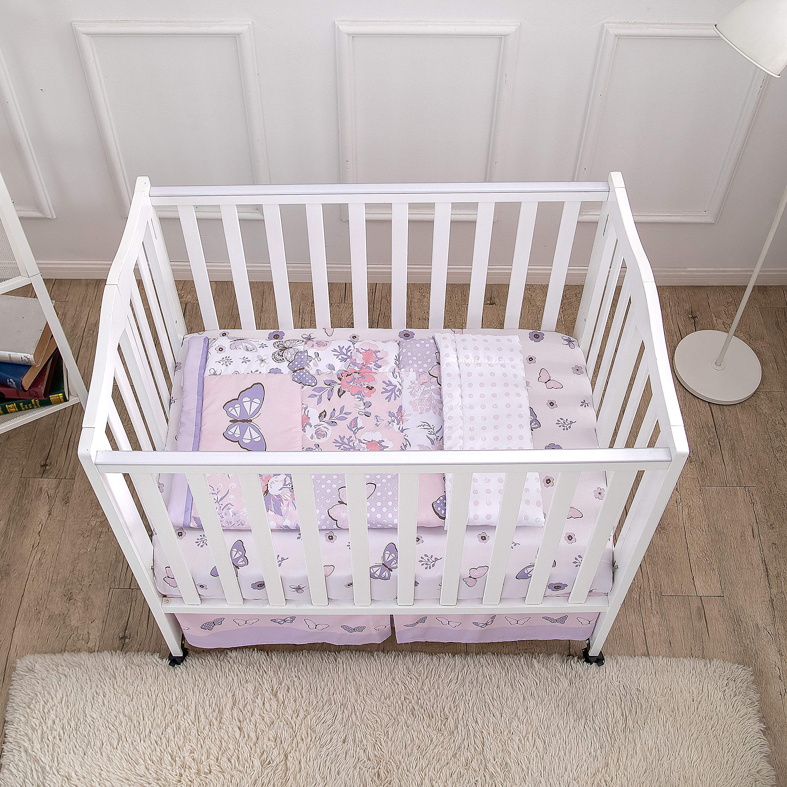 Baby Mini Crib Bedding Set for Girls, Pastel Purple Butterfly, 3 Piece Crib Set