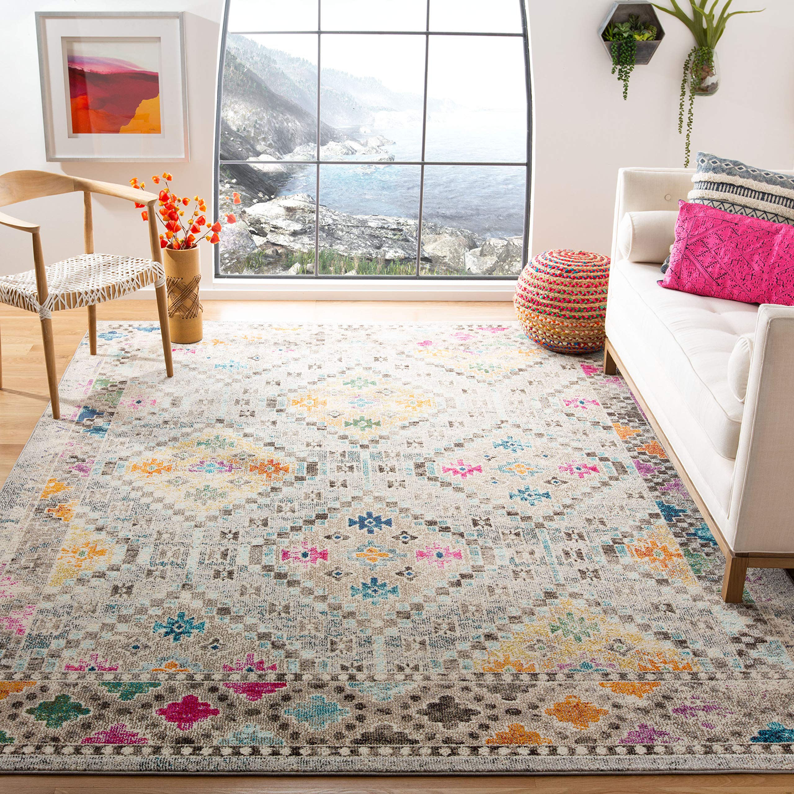 Madison Collection Area Rug - 9' x 12', Grey & Yellow, Boho Diamond Distressed Design