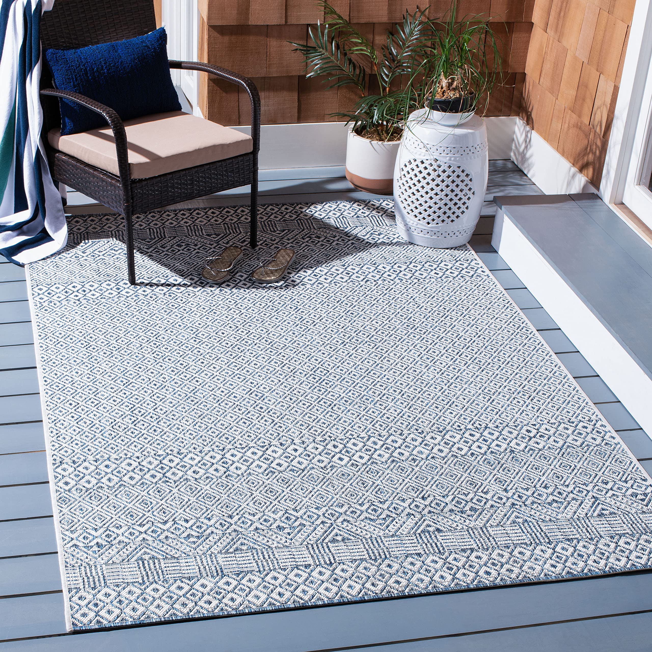 Courtyard Collection Area Rug - 9' x 12', Blue & Navy, Non-Shedding & Easy Care