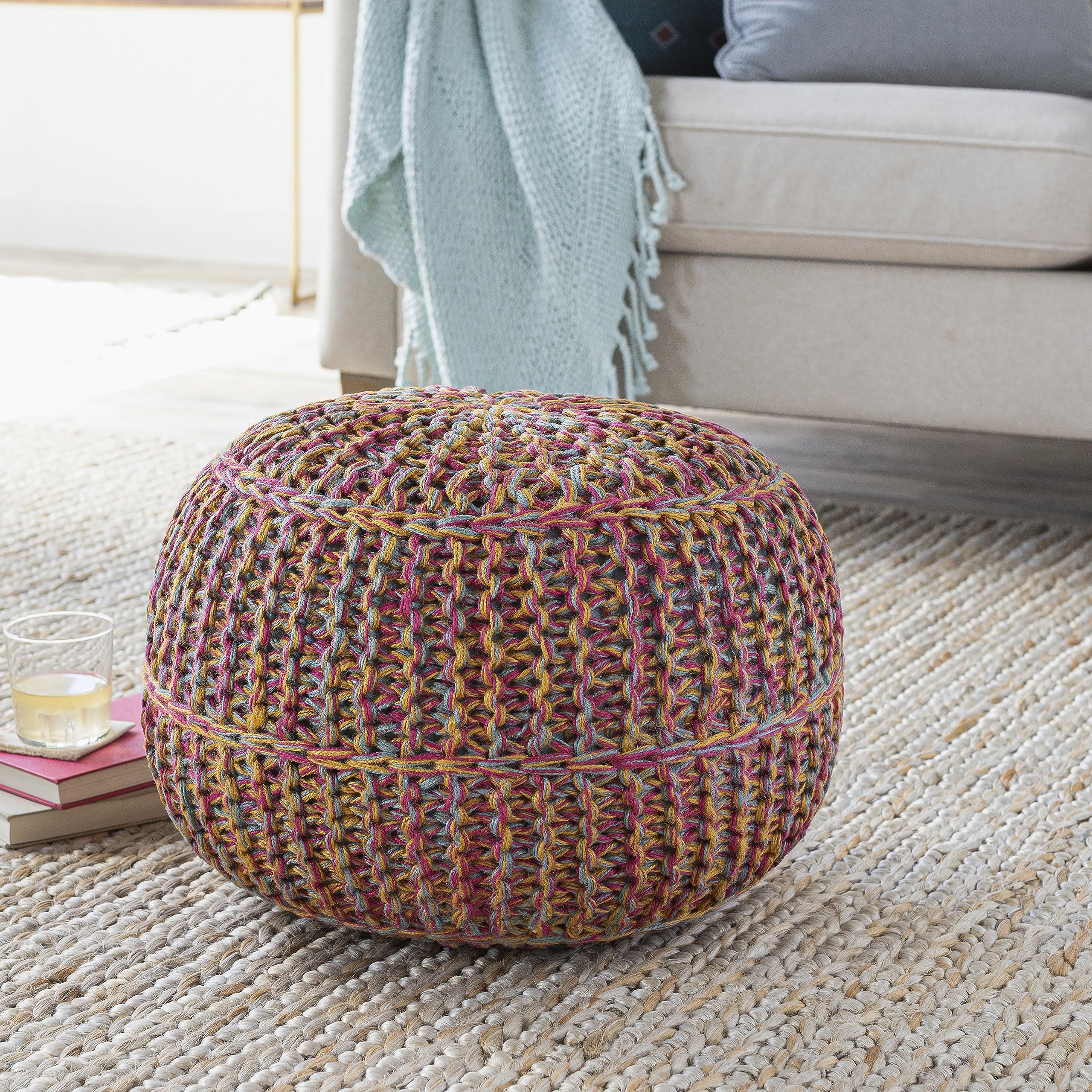 100-Percent Jute Pouf, 20-Inch by 20-Inch by 14-Inch, Carnation/Gold/Teal